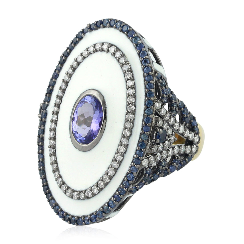 Tanzanite Pave Blue Sapphire Diamond Enamel Long Ring In Yellow Gold 925 Silver