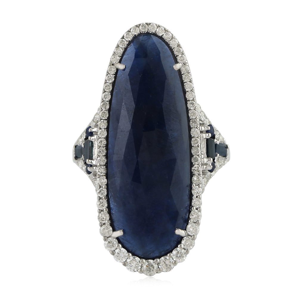 Egg Cut Blue Sapphire September Birthstone Prong Diamond Antique Ring Made In 18K White Gold