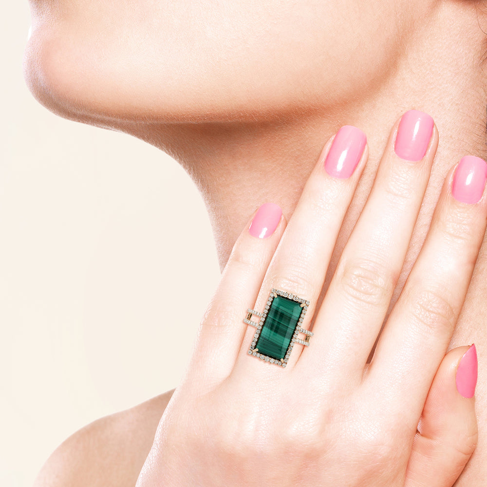 Baguette Cut Malachite Gemstone pave Diamond Long Ring In 18K Rose Gold