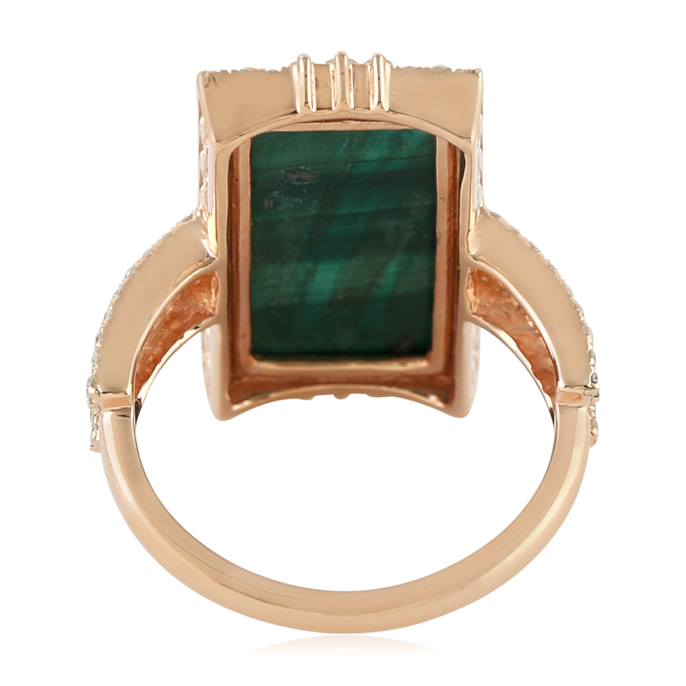 Baguette Cut Malachite Gemstone pave Diamond Long Ring In 18K Rose Gold