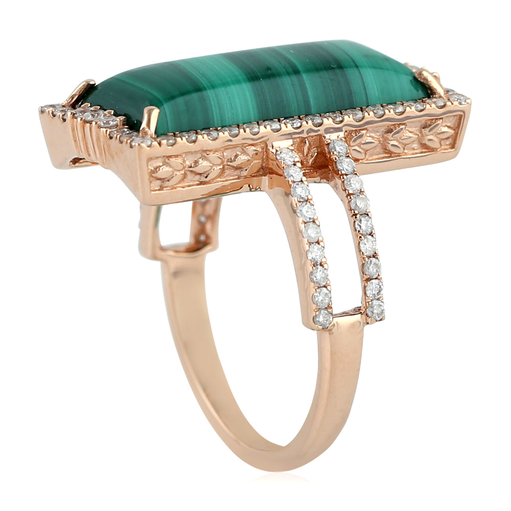 Baguette Cut Malachite Gemstone pave Diamond Long Ring In 18K Rose Gold