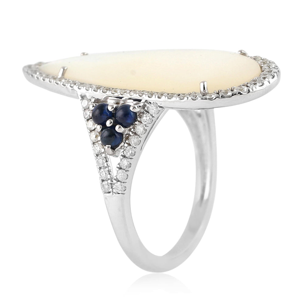 Mother Of Pearl Prong Blue Sapphire Pave Diamond In White Gold Long Ring