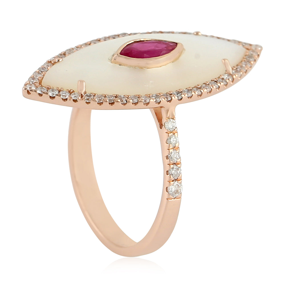 Mother of Pearl Bezel Ruby Pave Diamond Evil Eye Long Ring In Rose Gold