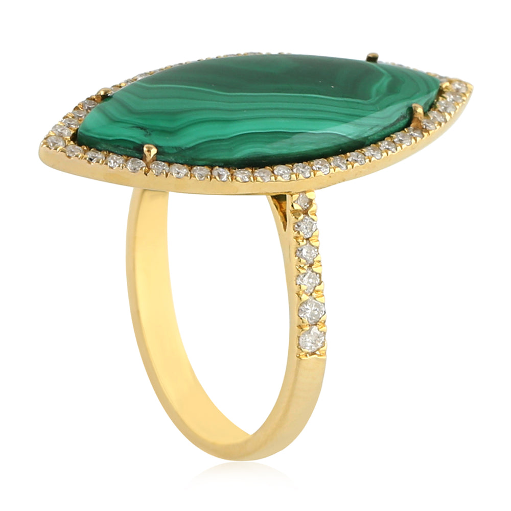 Marquise Cut Malachite Gemstone Pave Diamond Long Ring In 18K Yellow Gold