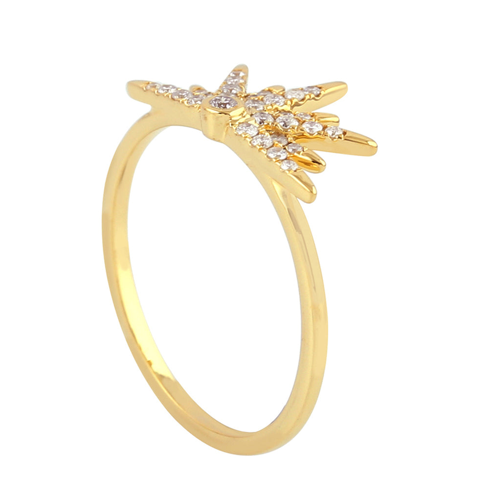 Micro Pave Diamond Half Sunburst Ring In 14K Yellow Gold For Women's