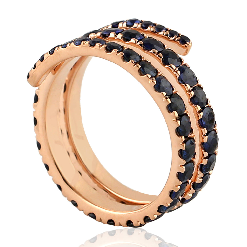 Pave Blue Sapphire Gemstone Designer Spiral Ring In 14K Rose Gold