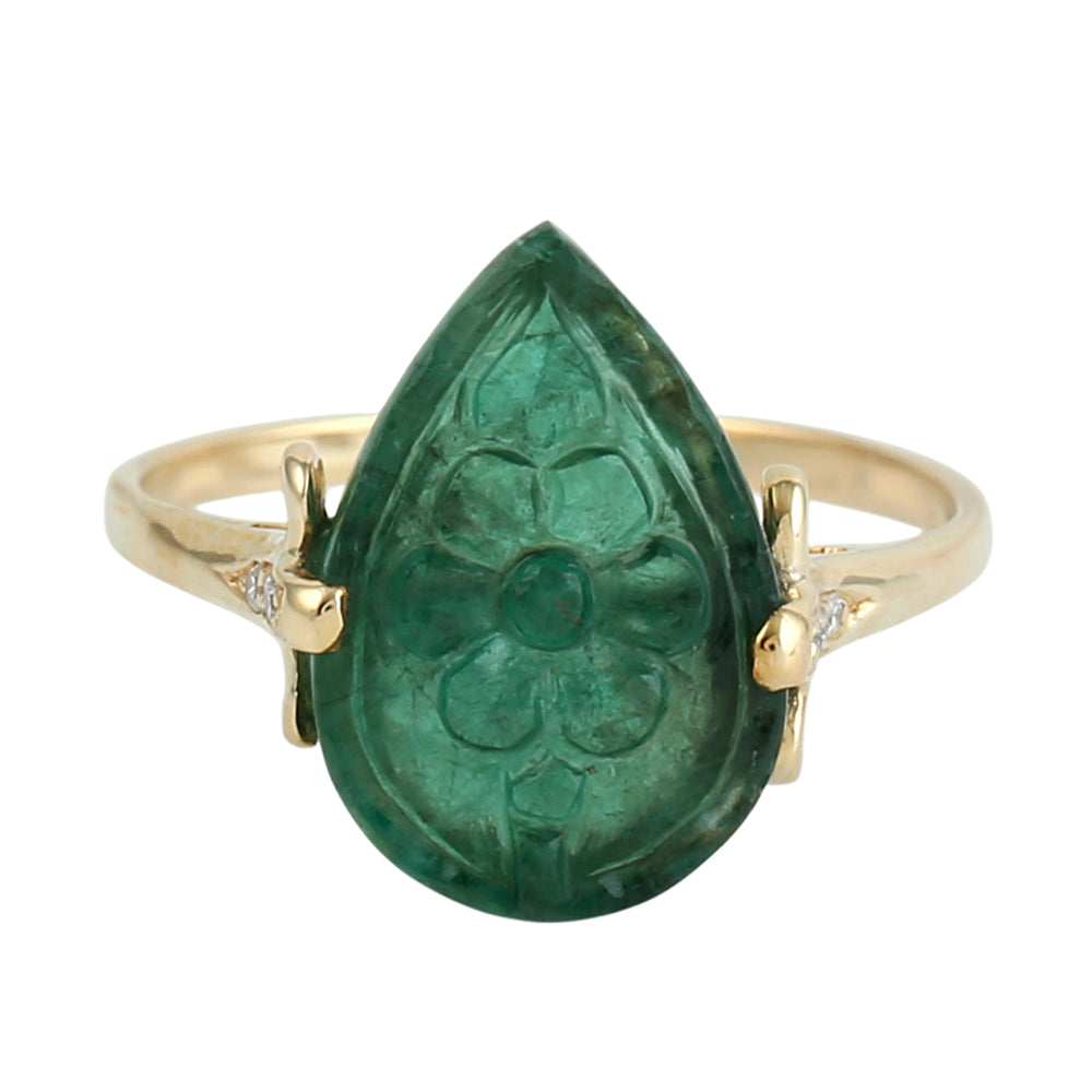 Carved Emerald Gemstone Diamond Ring in 18K Yellow Gold