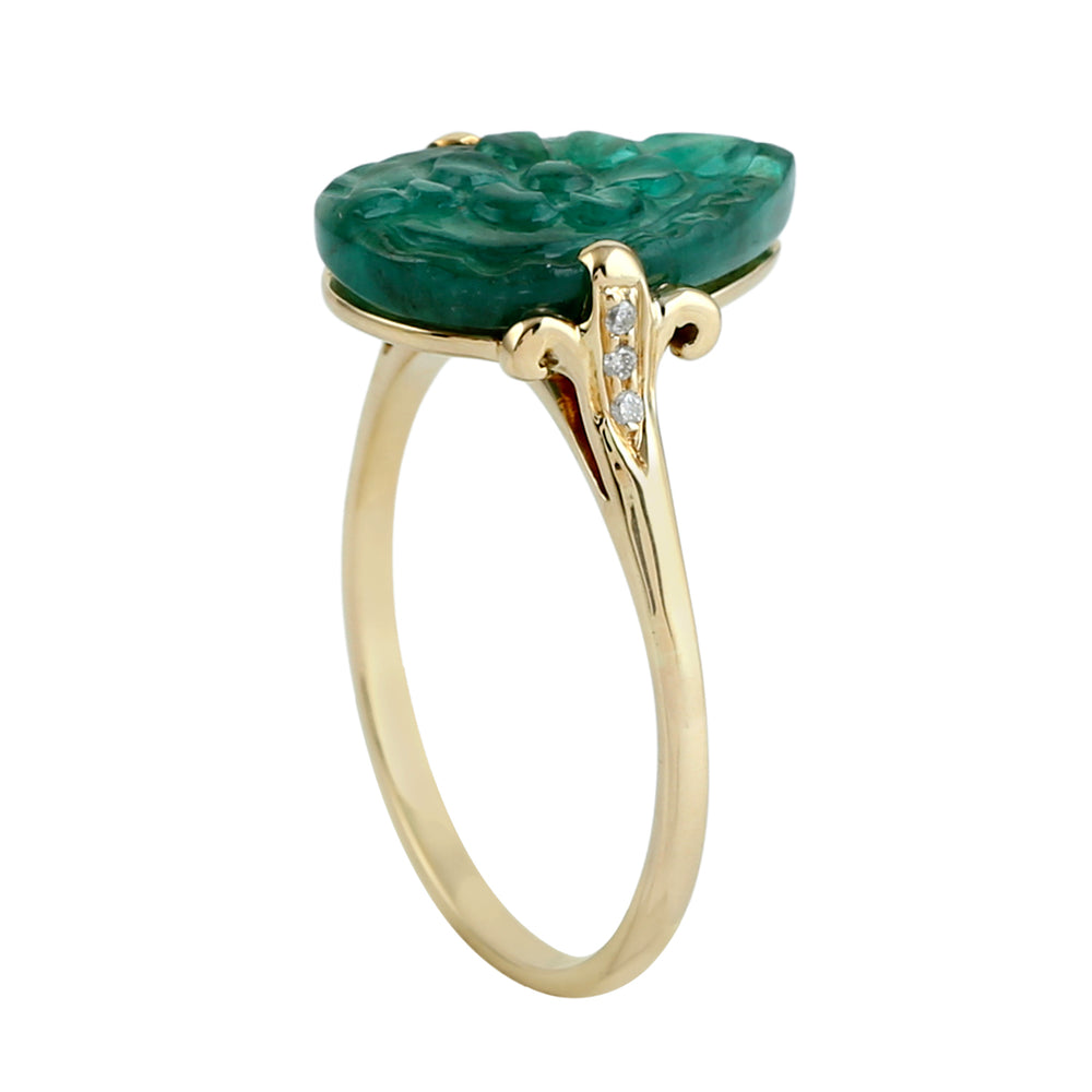 Carved Emerald Gemstone Diamond Ring in 18K Yellow Gold