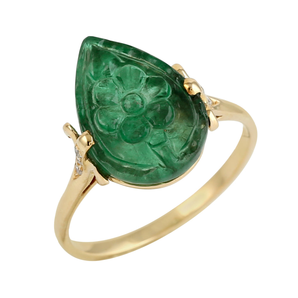Carved Emerald Gemstone Diamond Ring in 18K Yellow Gold