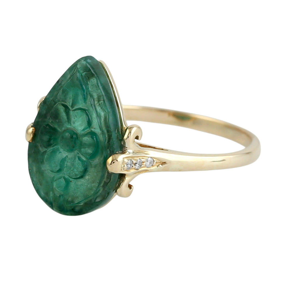 Carved Emerald Gemstone Diamond Ring in 18K Yellow Gold