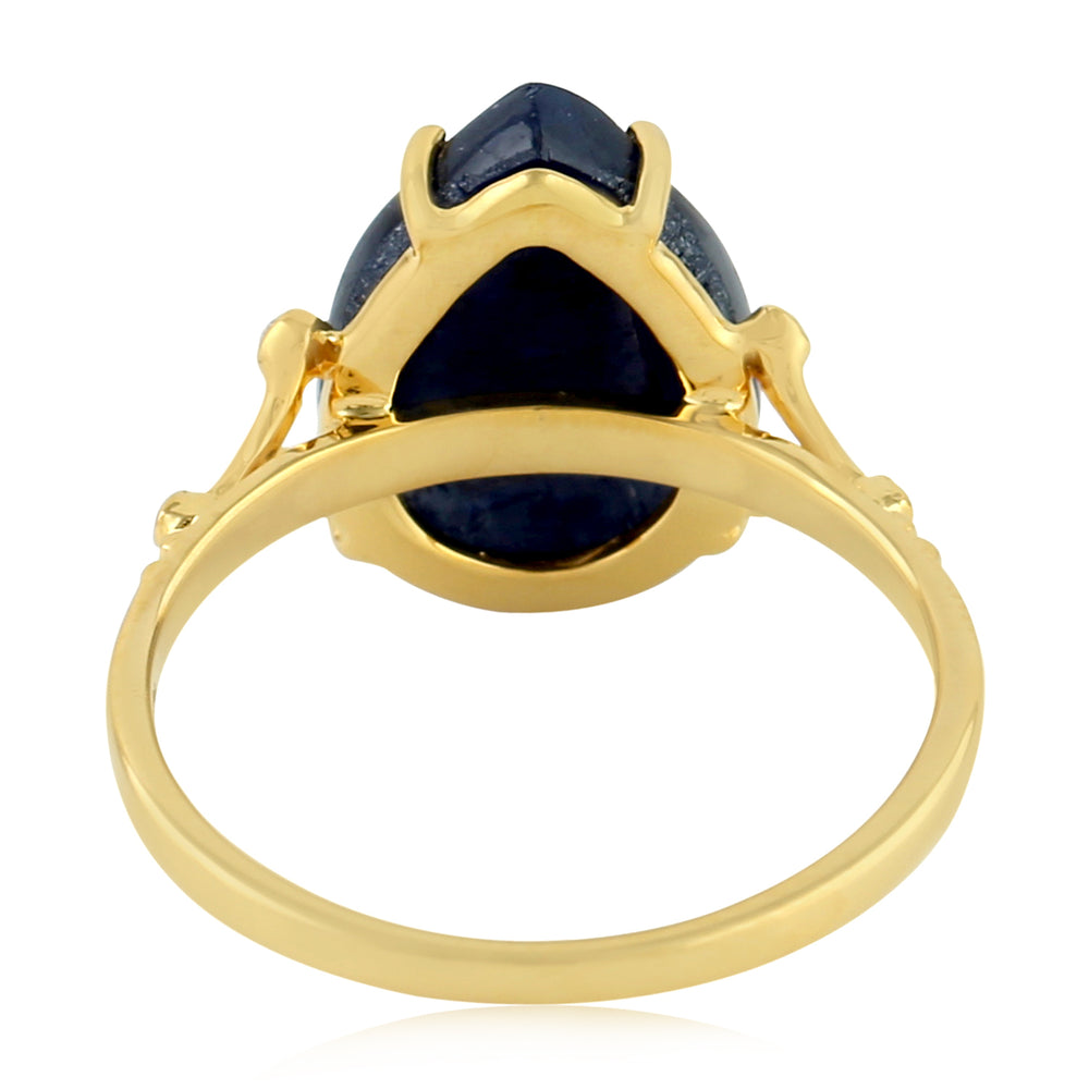 Carving Pear Blue Sapphire Bezel Diamond 18K Yellow Gold Cocktail Ring