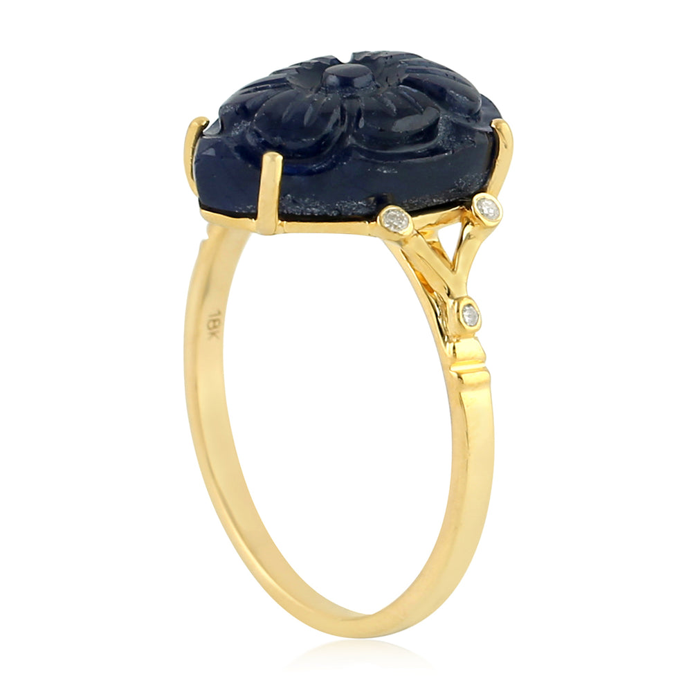 Carving Pear Blue Sapphire Bezel Diamond 18K Yellow Gold Cocktail Ring