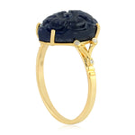 Carving Pear Blue Sapphire Bezel Diamond 18K Yellow Gold Cocktail Ring