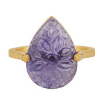 Handcarved Pear Tanzanite Cocktail Ring pave Diamond Jewelry Set In 18k Yellow Gold