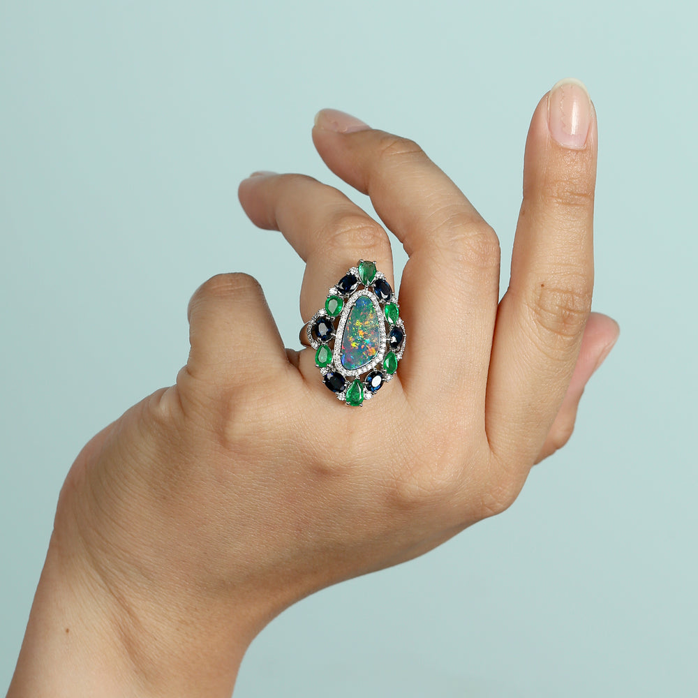 Opal Doublet Pear Emerald Oval Blue Sapphire Pave Diamond White Gold Ring