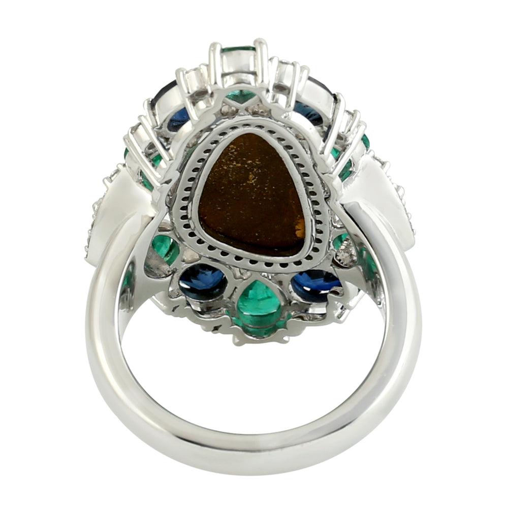 Opal Doublet Pear Emerald Oval Blue Sapphire Pave Diamond White Gold Ring