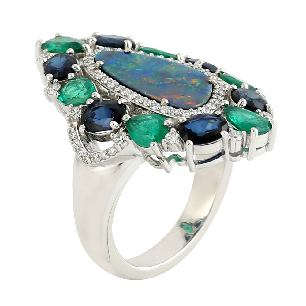 Opal Doublet Pear Emerald Oval Blue Sapphire Pave Diamond White Gold Ring