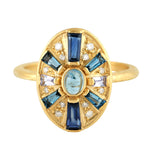 Baguette Sapphire Topaz Tanzanite Aquamarine Prong Diamond Antique Ring 18K Solid Gold