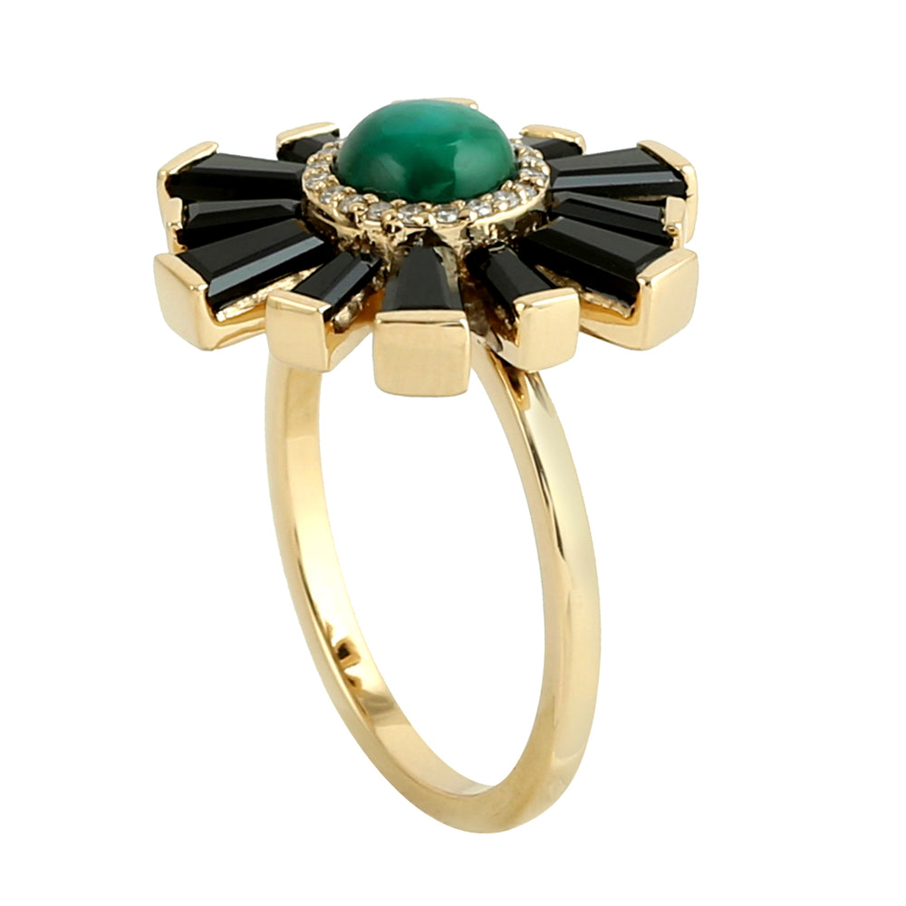 Chrysocolla Baguette Spinel Gemstone Diamond 18K Solid Gold Cocktail Ring Jewelry