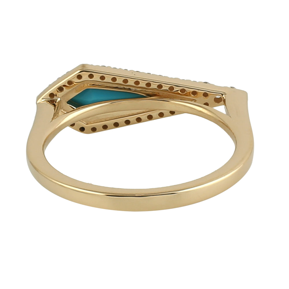 18K Yellow Gold Kite Shape Turquoise Pave Diamond Designer Ring For Her