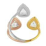 18K White Yellow Rose Gold Natural Rose Cut Diamond 3 Tone Between The Finger Ring Jewelry