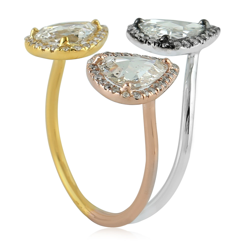 18K White Yellow Rose Gold Natural Rose Cut Diamond 3 Tone Between The Finger Ring Jewelry