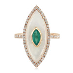 Carving Cut MOP Marquise Emerald Prong Diamond Evil Eye Long Ring Made In 14K Rose Gold