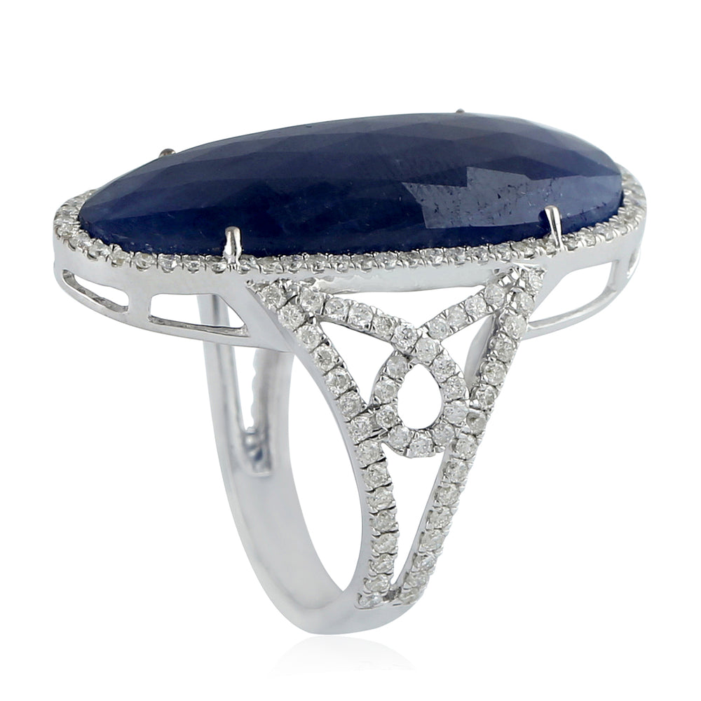 Egg Cut Blue Sapphire Pave Diamond Long Ring in 18K White Gold – Statement Gemstone Jewelry