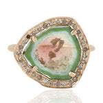 14K Rose Gold Pave Diamond Unshaped Melon Tourmaline Cocktail Ring Jewelry