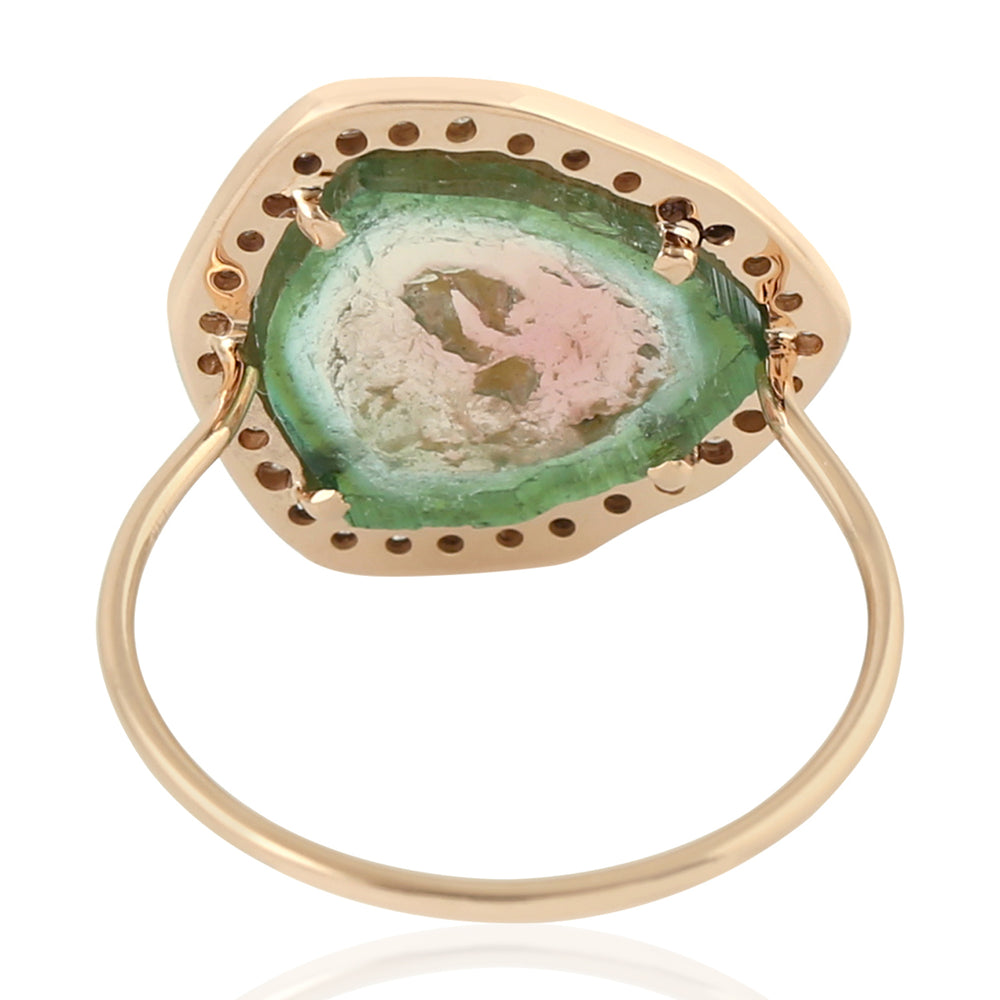 14K Rose Gold Pave Diamond Unshaped Melon Tourmaline Cocktail Ring Jewelry