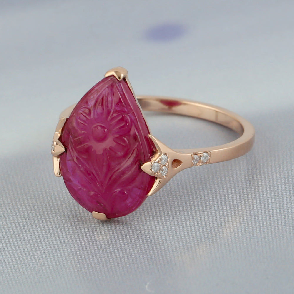 18k Yellow Gold Carved Flower Ruby Diamond Cocktail Ring Jewelry