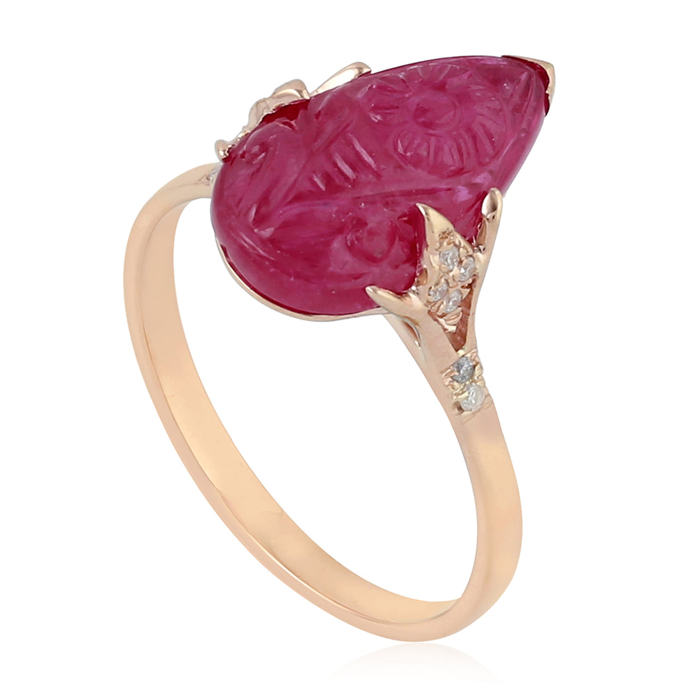 Pear Cut Carved Ruby July Birthstone 18K Rose Gold Prong Diamond Cocktail Ring