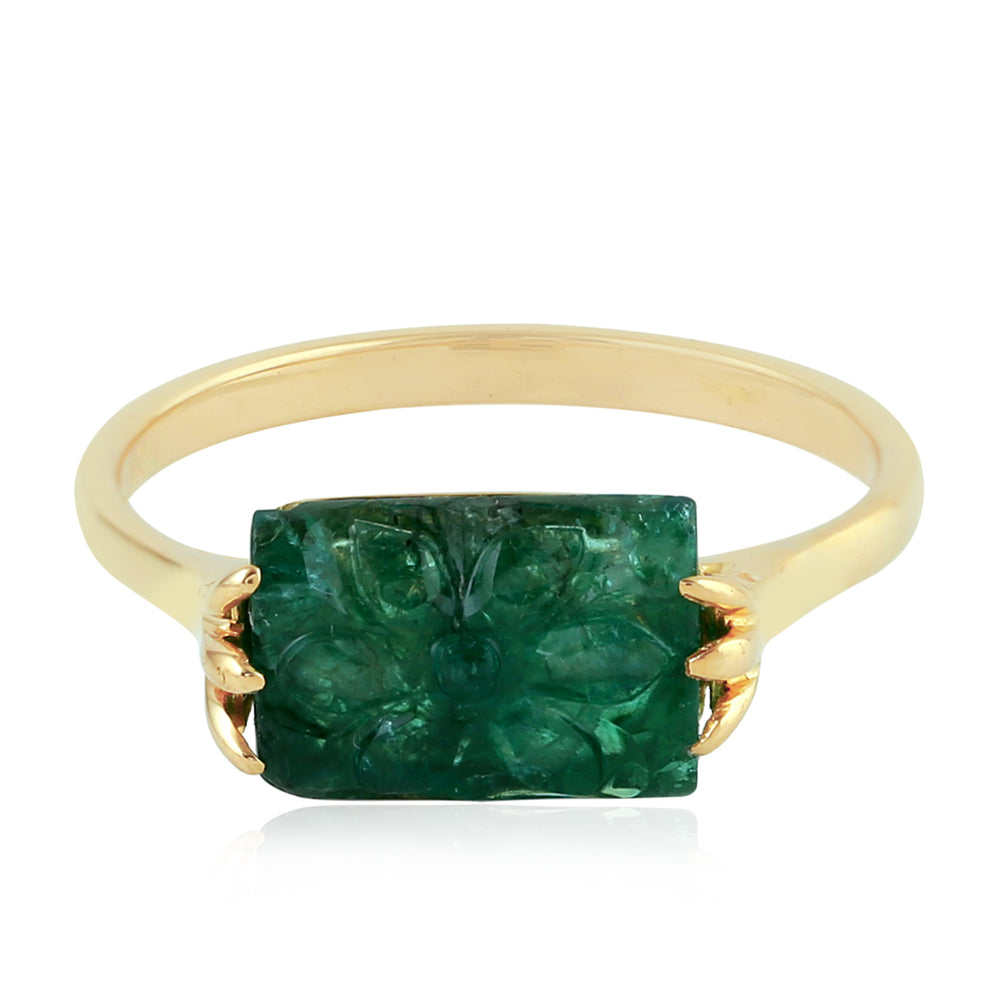 18K Yellow Gold Carved Emerald Gemstone May Birthstone Ring For Her