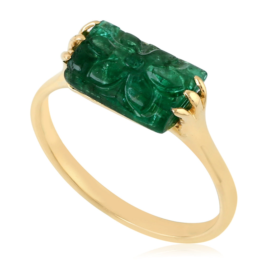 18K Yellow Gold Carved Emerald Gemstone May Birthstone Ring For Her