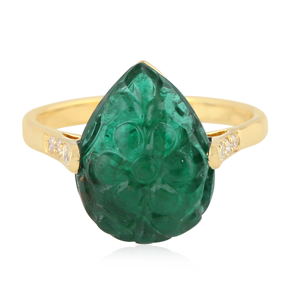 Carving Pear Emerald Prong Diamond Designer Ring 18K Yellow Gold Jewelry