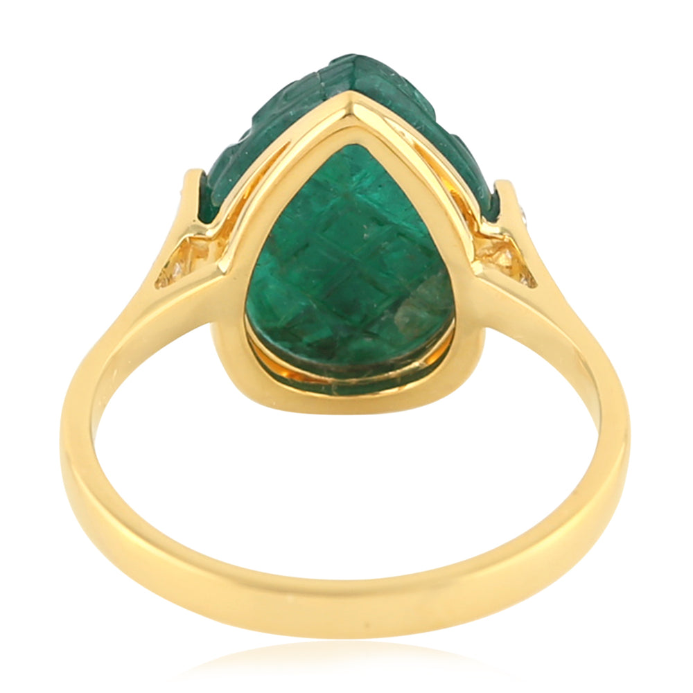 Carving Pear Emerald Prong Diamond Designer Ring 18K Yellow Gold Jewelry