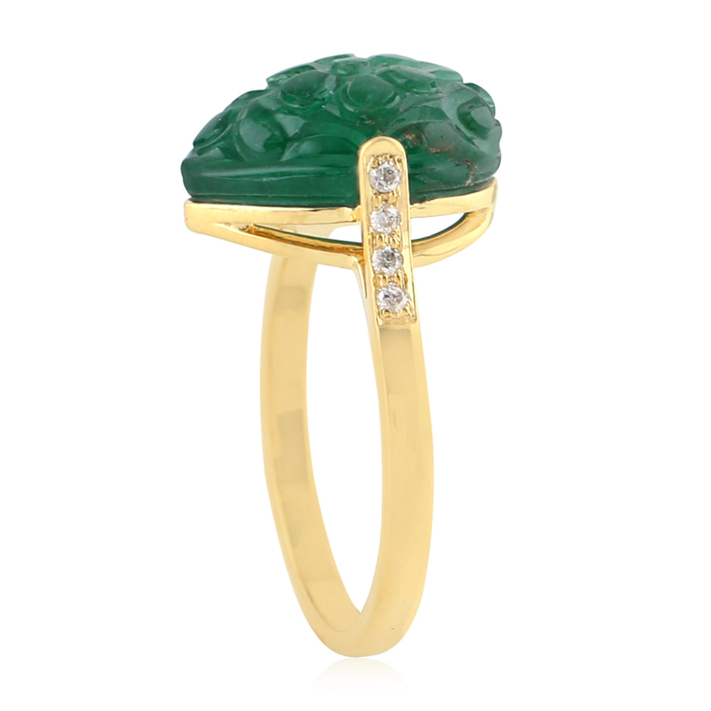 Carving Pear Emerald Prong Diamond Designer Ring 18K Yellow Gold Jewelry