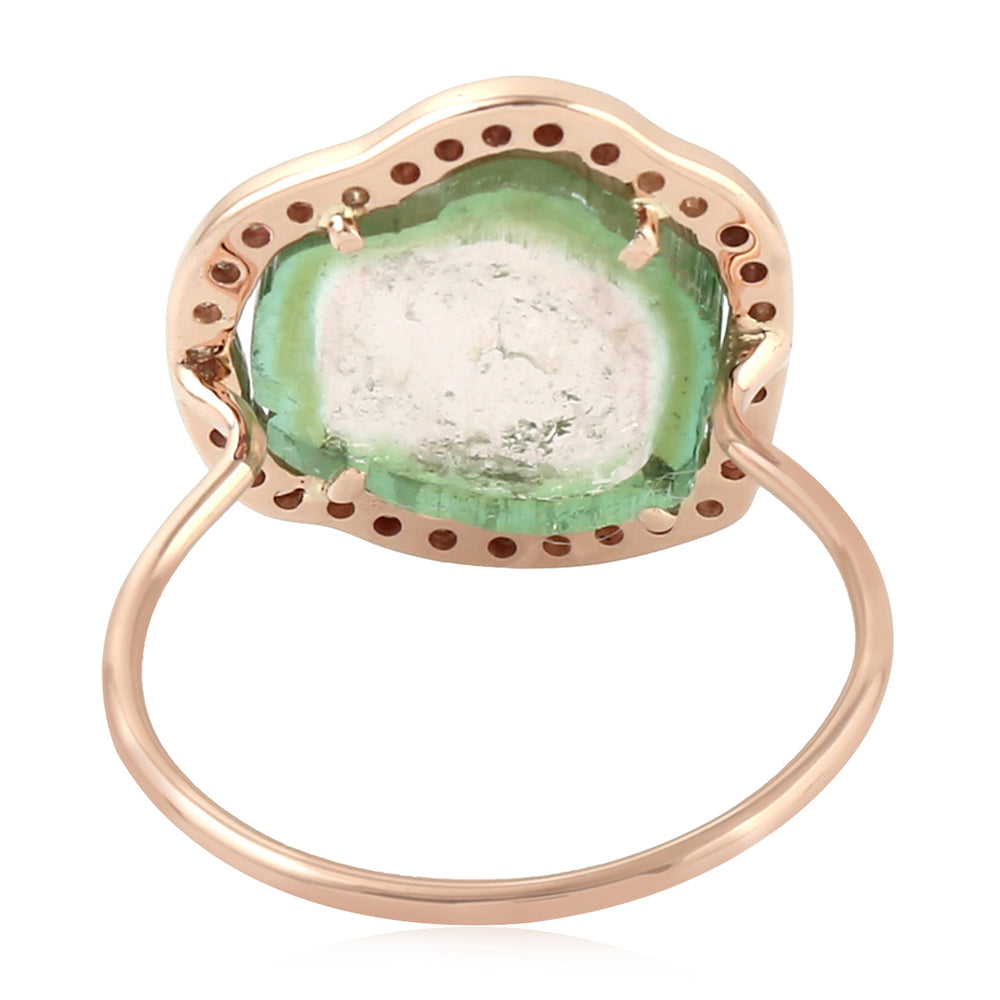 14k Rose Gold Prong Slice Tourmaline Melon Diamond Cocktail Ring For Her