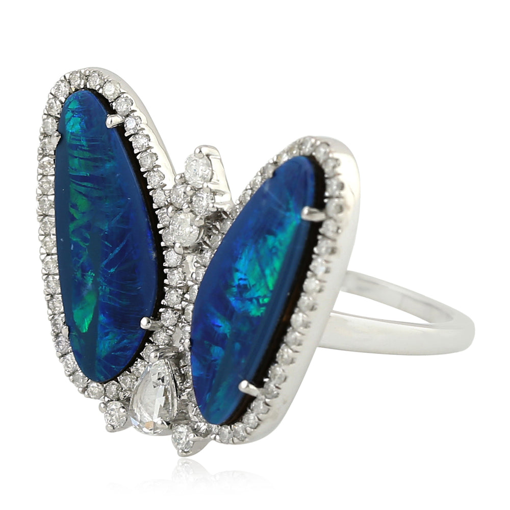 Opal Doublet Prong Diamond October Birthstone Butterfly Ring Made In 18K White Gold Jewelry