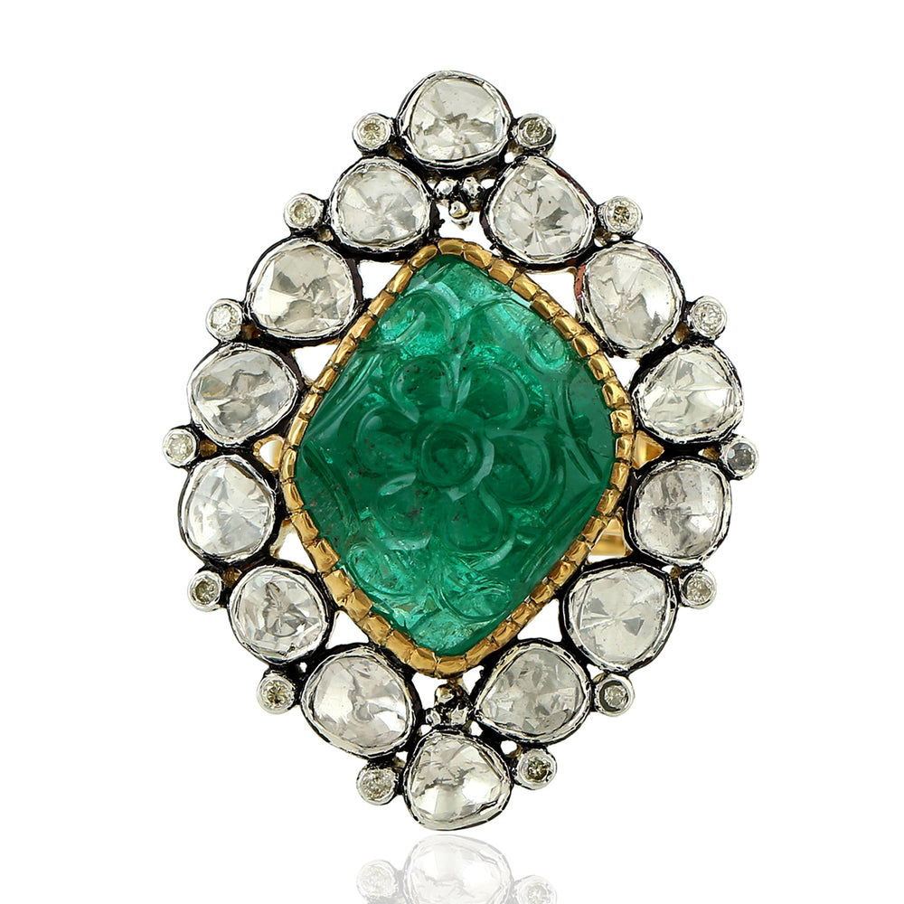 Carved Emerald Uncut Diamond Bezel Set 18K Solid Gold Silver Vintage Ring Jewelry For Her