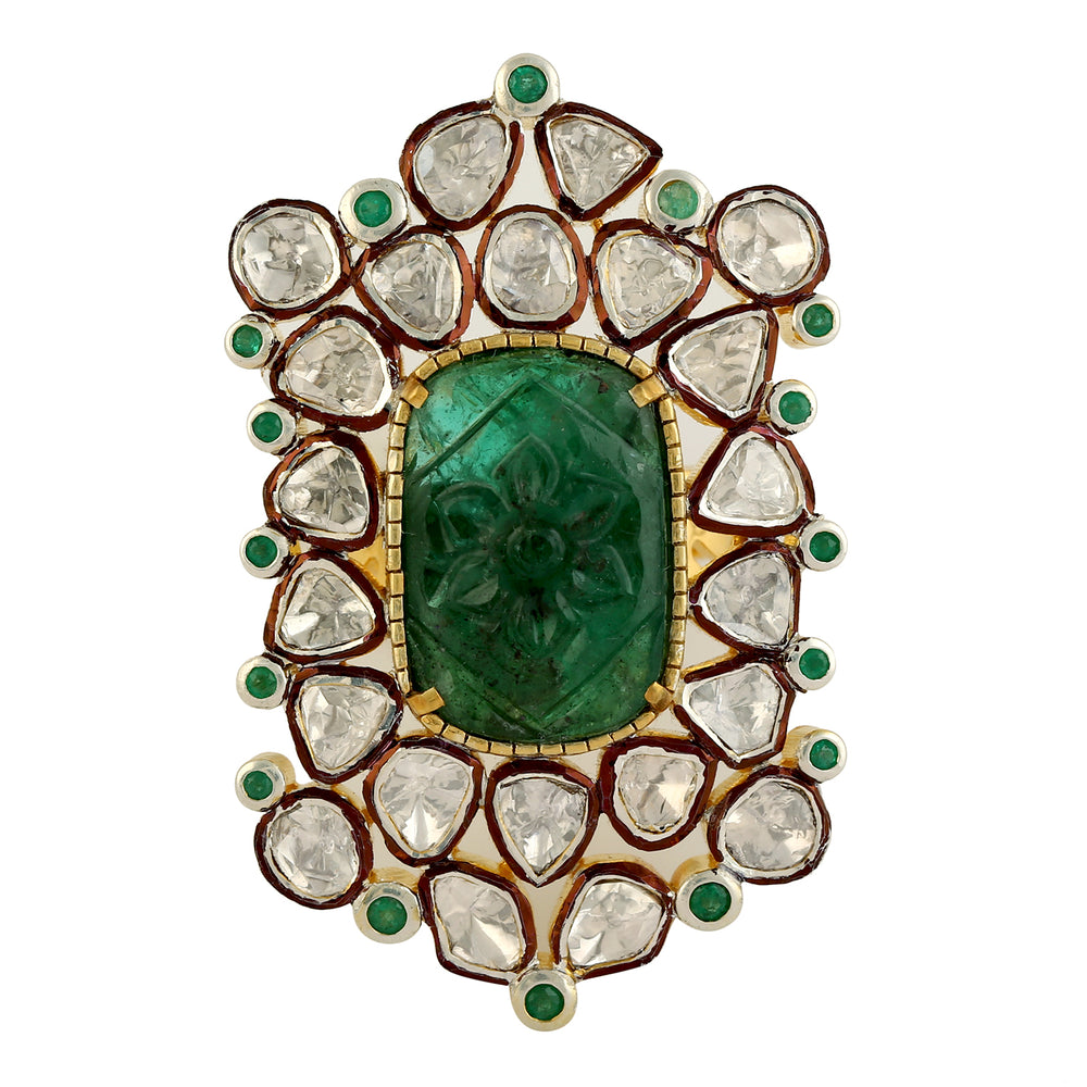 Handcarved Emerald Polki Diamond Cocktail Ring Ethnic Jewelry In 18k Yellow Gold & Sterling Silver