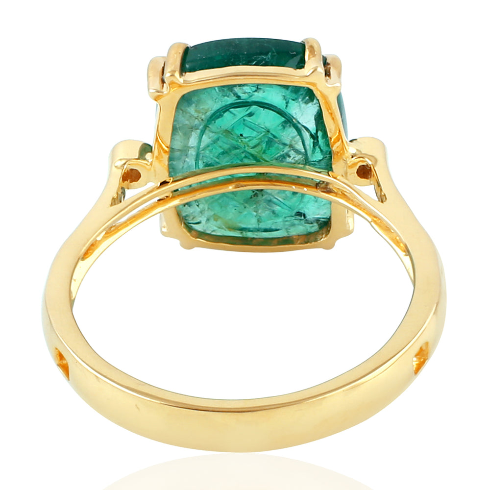 Carved Cushion Emerald Bezel Natural Diamond 18K Solid Gold Handmade Ring Jewelry