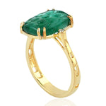 Carved Cushion Emerald Bezel Natural Diamond 18K Solid Gold Handmade Ring Jewelry