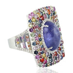 Natural Oval Tanzanite Prong Multi Sapphire Diamond Elegant Ring Made In 18K White Gold