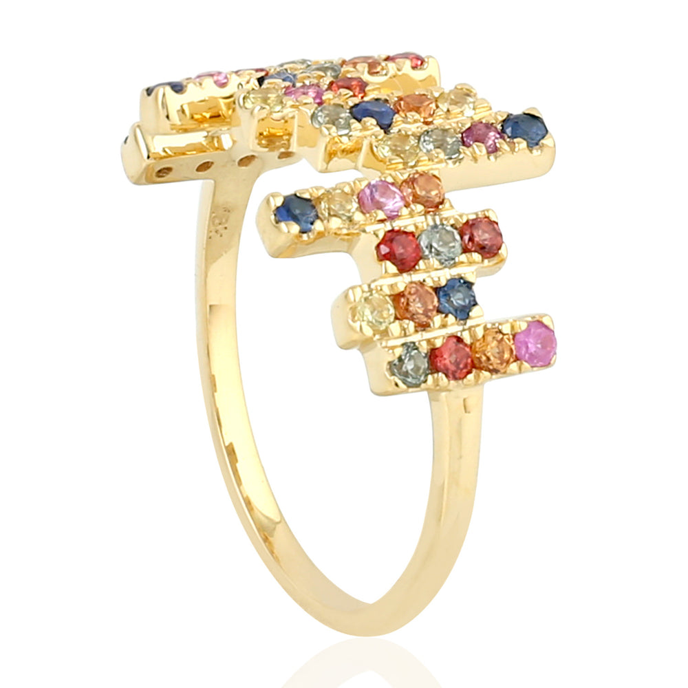 18K Yellow Gold Pave Multi-Sapphire Zig Zag Handmade Ring Jewelry