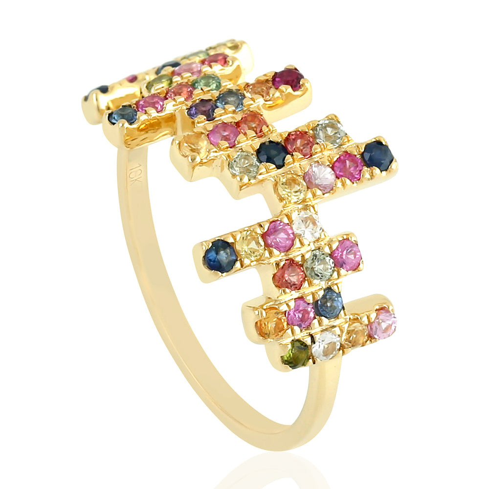 18K Yellow Gold Pave Multi-Sapphire Zig Zag Handmade Ring Jewelry