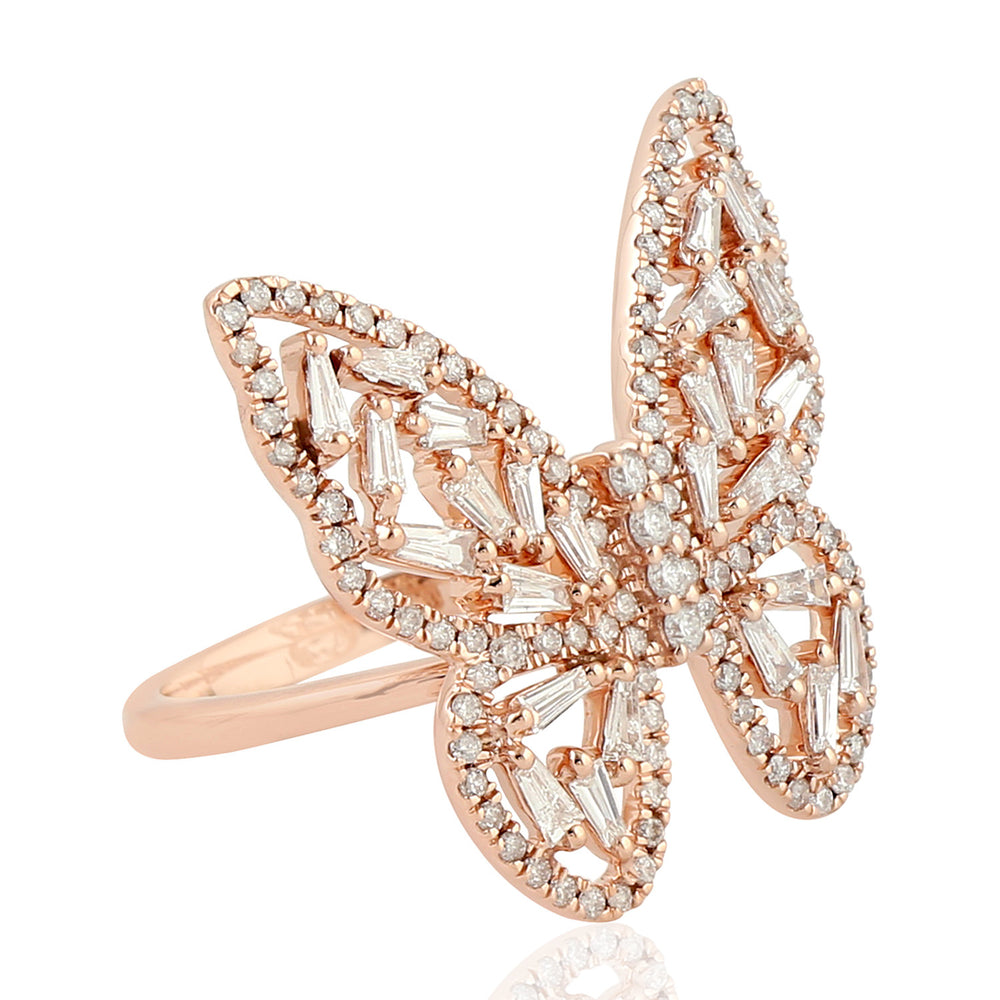 Baguette Cut Diamond Handmade Butterfly Ring In 18K Rose Gold
