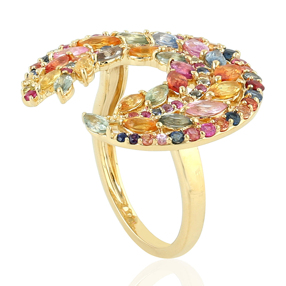 Multi Sapphire Marquise Round Gemstone Crescent Ring Made In 18K Yellow Gold Jewelry