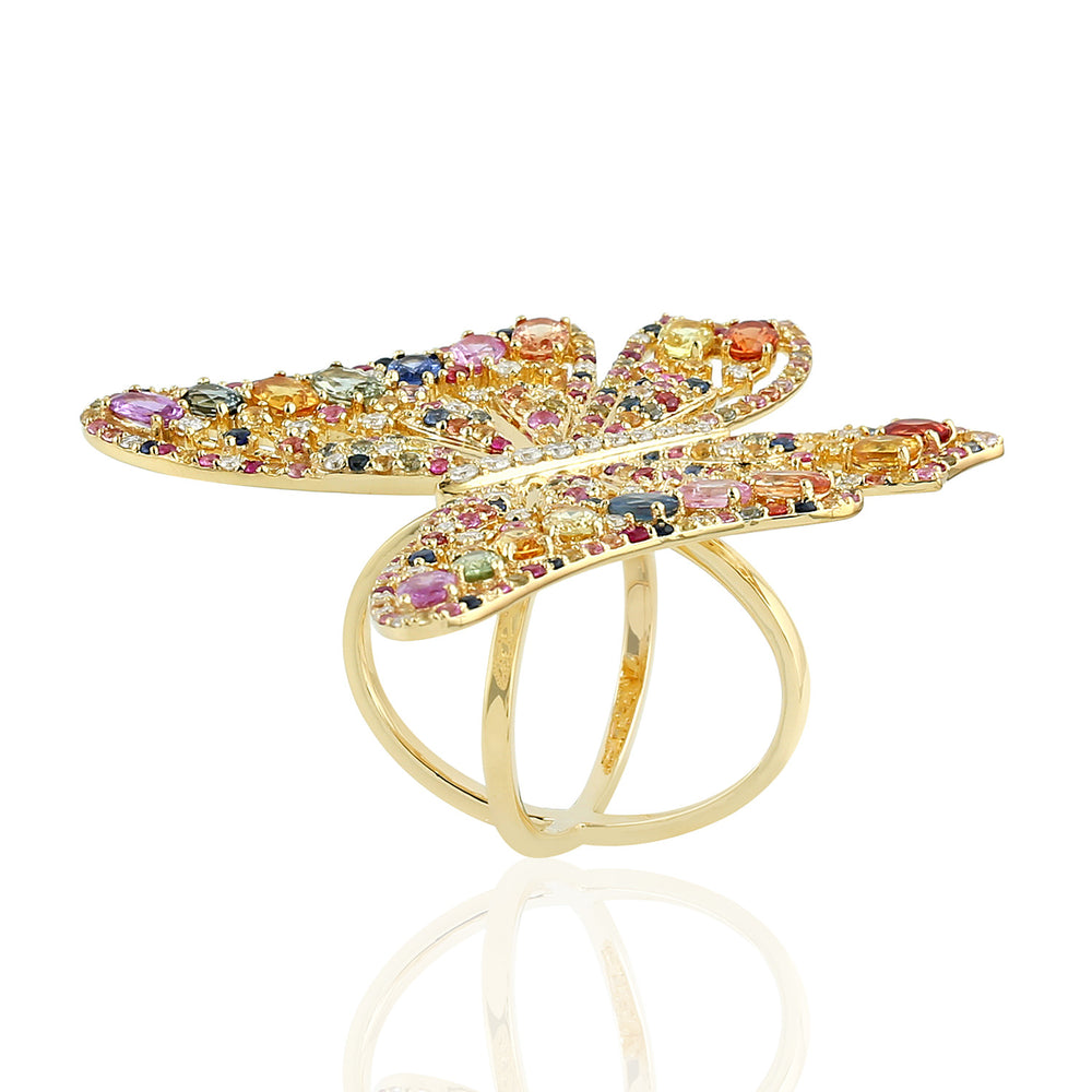 Multicolor Sapphire Gemstone Handmade Butterfly Ring In 18k Yellow Gold