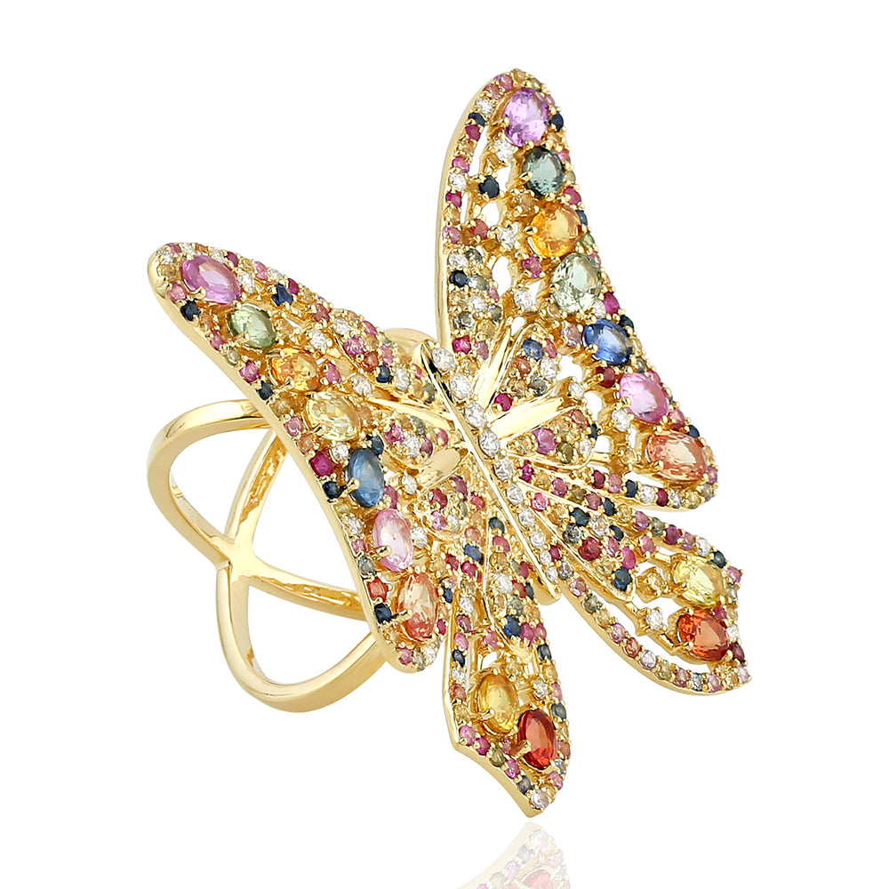 Multicolor Sapphire Gemstone Handmade Butterfly Ring In 18k Yellow Gold